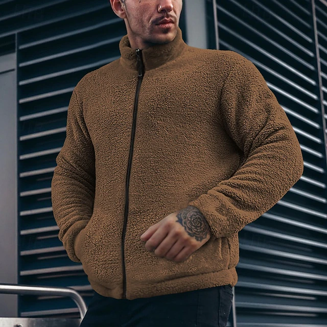 Men's Fleece Jacket Windbreaker Teddy Coat Formal Home Warm Pocket Full Zip Winter Spring & Fall Solid Color Vintage Fashion Stand Collar Regular Black Brown Khaki Dark Blue Peacock Blue Jacket 9