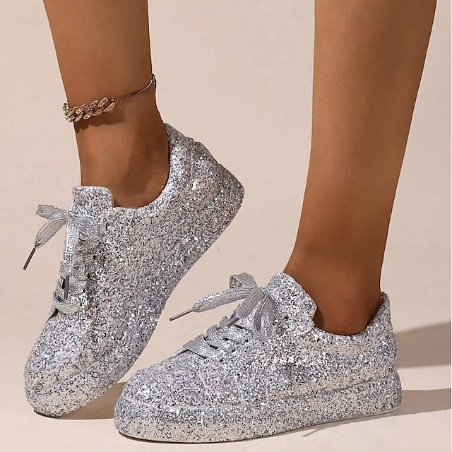 Női Tornacipők Bling Bling cipők Fantasy cipők Csillogó cipő Szabadtéri Napi Flitter Lapos Kerek orrú Divat Sportos Alkalmi Csillám PU Fűzős Ezüst Fekete