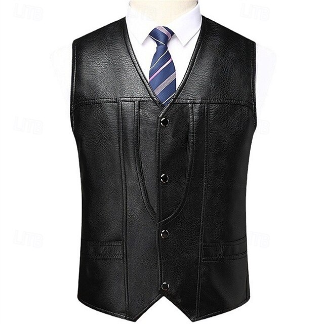 Men's Faux Leather Jacket Vest Gilet Wedding Event / Party Daily Fashion Business Spring & Summer Button Pocket Polyester Comfortable Plaid Single Breasted One-button V Neck Regular Fit Black Vest2