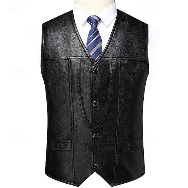 Men's Faux Leather Jacket Vest Gilet Wedding Event / Party Daily Fashion Business Spring & Summer Button Pocket Polyester Comfortable Plaid Single Breasted One-button V Neck Regular Fit Black Vest2