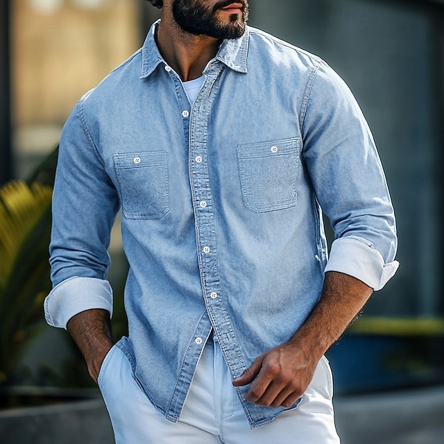 Per uomo Camicia Camicia in chambray Camicia con bottoni Maglietta informale Blu denim Nero Blu marino Azzurro Manica lunga Liscio Colletto Giornaliero Da mare Abbigliamento Di tendenza Informale
