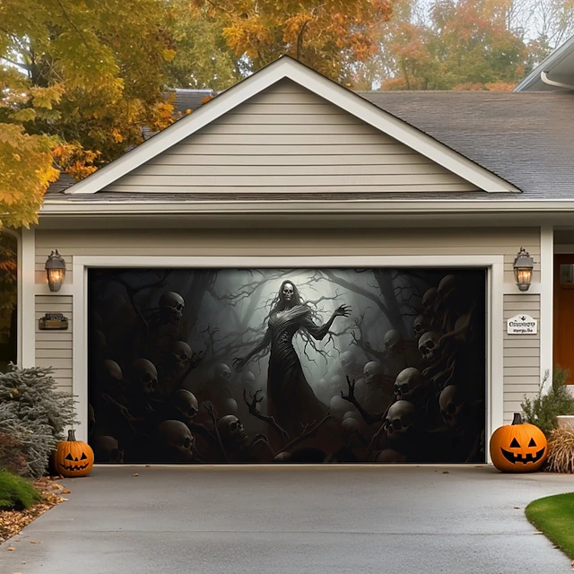 Halloween Door Decorations Outdoor Halloween Garage Door Cover Graveyard Creepy Gloomy Banner Large Tapestry Backdrop Decoration for Holiday Outdoor Garage Door Home Wall Decorations 22