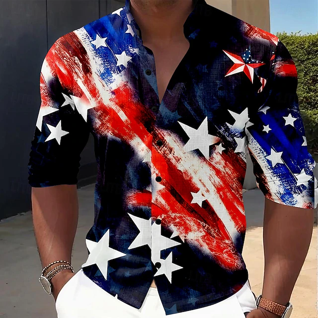 American Independence Day Men's American Flag Patriotic Button Up Shirt Long Sleeve Casual Vacation Daily Summer Spring & Fall Grandad Collar Band Collar 3D Print Black4