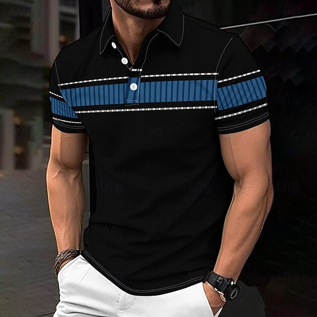  Business Casual Men's Polo Shirt Golf Polo Short Sleeve Holiday Daily Wear Spring & Summer Button 3D Print Collar Black Micro-elastic 95% Polyester 5% Spandex