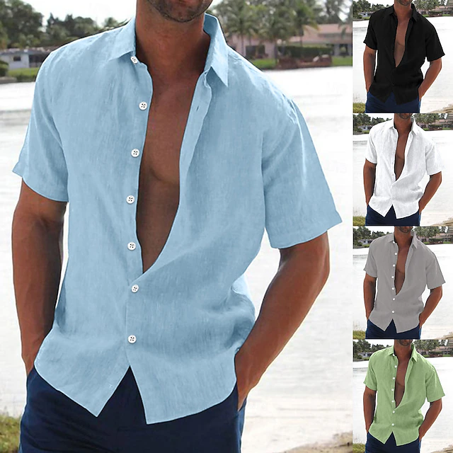 Men's Linen Shirt Summer Shirt Beach Wear Button Up Shirt Solid Color Vacation Curise Black White Pink Blue Short Sleeve Turndown Summer Clothing Apparel Button-Down 12