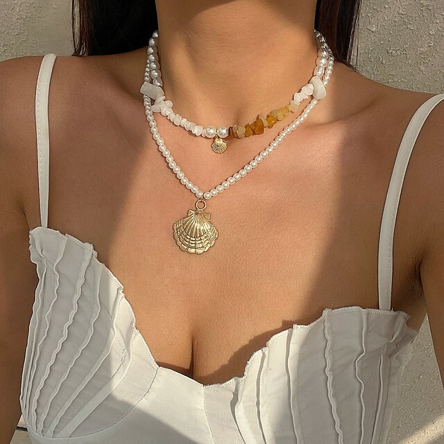  Colares com Pendentes Imitação de Pérola Concha Mulheres Elegante Barroco Multi Camadas Casamento Irregular Colar Para Casamento Presente Feriado