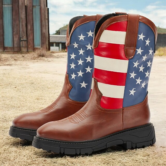 Men's American Flag Western Cowboy Boots with Rugged Sole - Patriotic Faux Leather Boots for Outdoor and Casual Wear 9