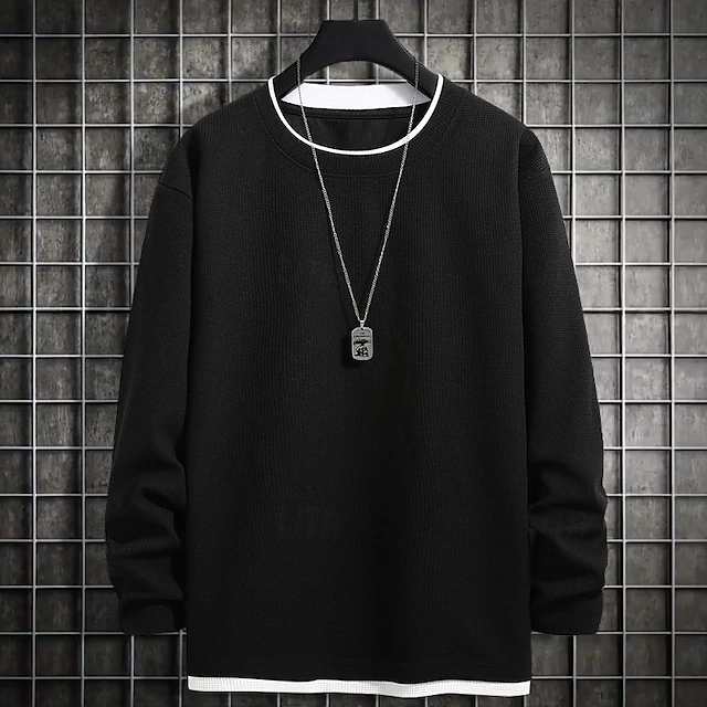 Men's T Shirt Tee Waffle Knit Tee Tee Top Long Sleeve Crew Neck Spring & Fall Plain Fashion Designer Basic Vacation Street Going out Black Blue Light Grey Top Tee for Men 7