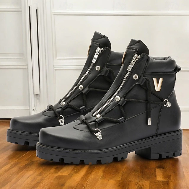 Men's Black Motorcycle Boots with Zipper and Metal Detailing for Urban and Casual Style 10