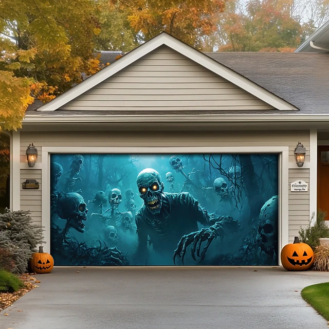 Halloween Door Decorations Outdoor Halloween Garage Door Cover Skeleton Graveyard Banner Pumpkin Skull Outside Large Backdrop Decoration for Holiday Outdoor Garage Door Home Wall Decorations 19