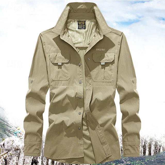 Men's Shirt Workwear Shirts Work Shirt Button Up Shirt Cargo Shirt Black Blue Green khaki Light Grey Long Sleeve Plain Lapel Vacation Holiday Front Pocket Clothing Apparel Fashion Casual Comfortable 12