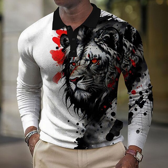 Men's Waffle Polo Shirts Golf Shirt Long Sleeve Polo Shirts Collared Shirts Casual Funny Vacation Wear Party Outfits Buttons 3D Print Summer White4