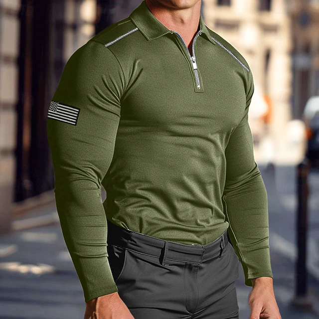 Men's Golf Shirt American Flag Polo Shirt Work Daily Wear Quarter Zip Long Sleeve Fashion Comfortable National Flag Embroidery Zip Up Spring & Fall Regular Fit Black White Navy Blue Army Green Golf 9