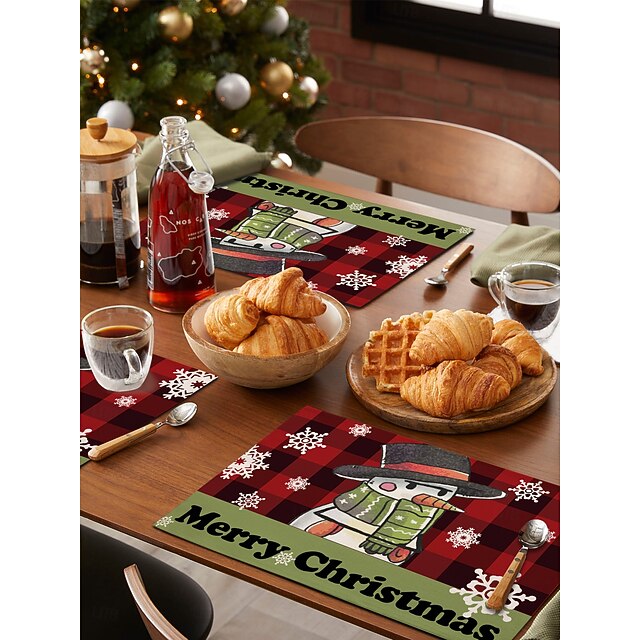  Juego de 4 manteles individuales navideños de algodón y lino para mesa de Navidad de temporada de invierno con muñeco de nieve &Diseño de reno para decoración de interiores y exteriores, para fiestas,