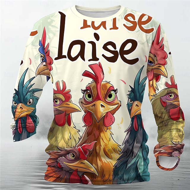 Men's Animal Rooster Funny T Shirt Henley Shirt Long Sleeve T shirt 3D Print Crew Neck Shirt Designer Retro Vintage Street Casual Daily Khaki Summer Spring Fall Clothing Apparel S M L XL XXL XXXL4
