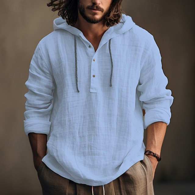  Per uomo Camicia camicia di lino Camicia in calicò Camicia con cappuccio Liscio Informale Giornaliero Bianco Blu Marrone Verde Manica lunga Con cappuccio Primavera estate Abbigliamento