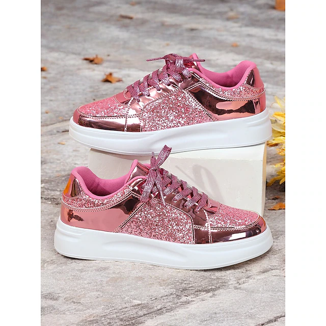 Women's Silver Glitter and Metallic Sneakers – Trendy Lace-Up Shoes for Parties and Casual Wear 20
