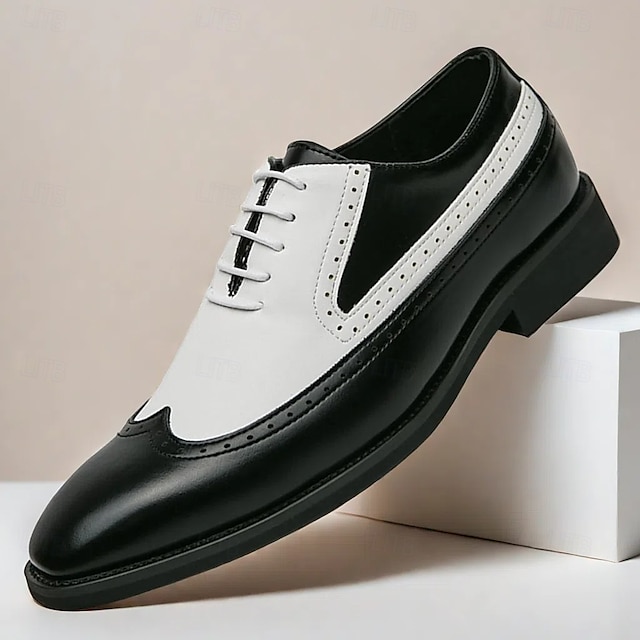  férfi fekete-fehér wingtip oxford cipők brogue részletekkel - klasszikus kéttónusú műbőr ruhacipő formális és vintage ihletésű ruhákhoz