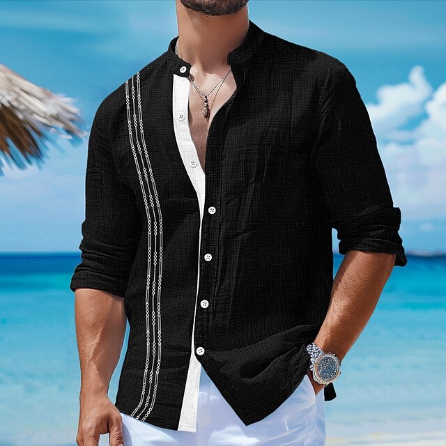 Men's Shirt Linen Shirt Guayabera Shirt Summer Shirt Beach Wear Button Up Shirt Plain Vacation Curise Black White Pink Blue Long Sleeve Band Collar Spring & Summer Clothing Apparel 9