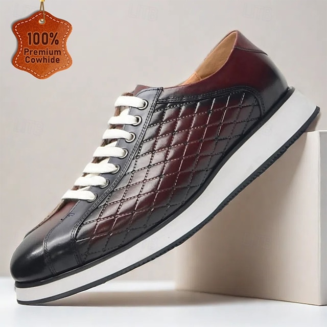  Men's Quilted Cowhide Leather Lace-Up Sneakers with Red and Black Gradient Design - Stylish Casual Shoes for Everyday Wear