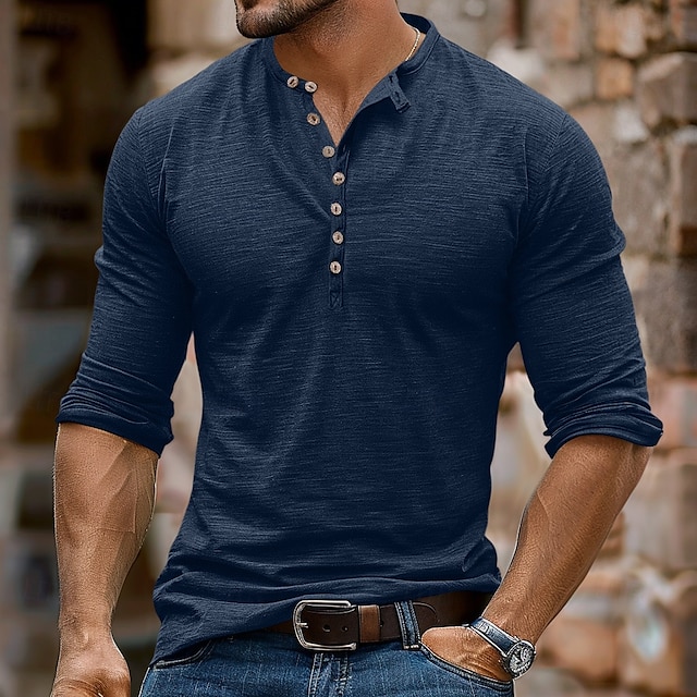  Férfi Henley ing Tee Top Hosszú ujjú ing Hosszú ujj Tömör szín Divat Napi Gombok Henley Szabadtéri Hétköznapi Nyár Sötétbarna Stétszürke Sötétvörös Henley póló
