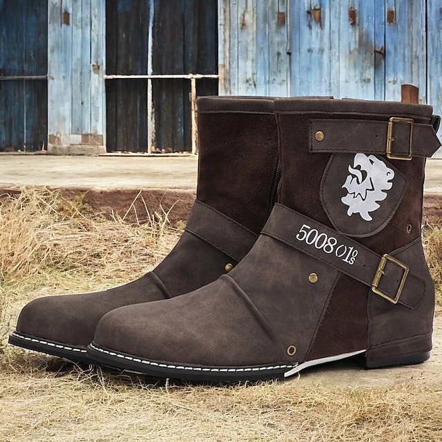 Men's Steampunk Motorcycle Boots with Double Buckle Straps and Embossed Lion Design - Brown Faux Leather Ankle Boots 10