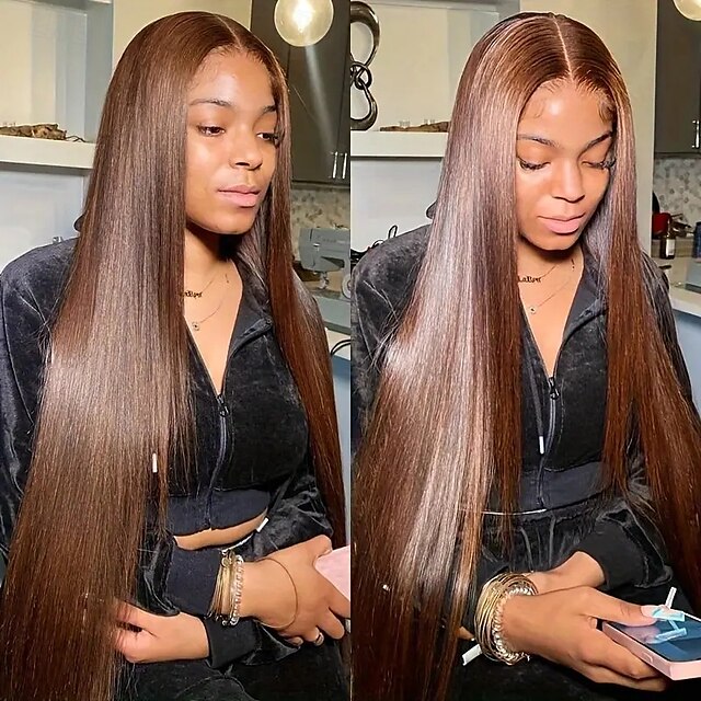  parrucca in pizzo 360 per capelli umani 4# marrone trasparente dritto pizzo frontale parrucche per capelli umani