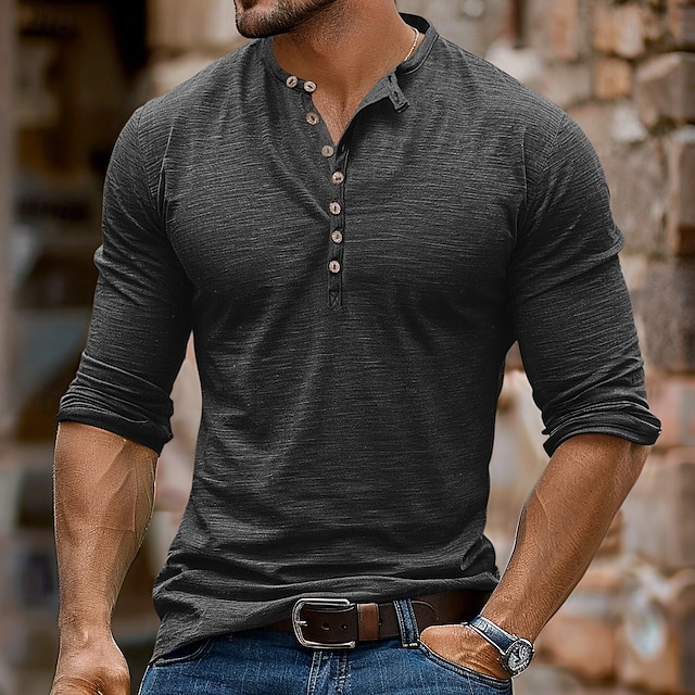  Herre Henley-skjorte Tee Top Lang ærmet skjorte Langærmet Helfarve Mode Daglig Knapper Henley udendørs Afslappet Sommer Mørkebrun Mørkegrå Mørkerød Henley T-shirt