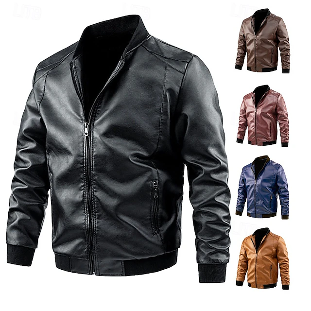 Men's Faux Leather Jacket Biker Jacket Patent Leather Jacket Daily Vacation Windproof Warm Pocket Fall & Winter Plain Fashion Classic Stand Collar Regular Faux Leather Black Yellow Dark Blue Jacket 5