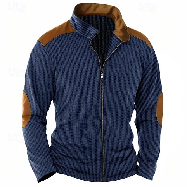  Bărbați Tricou Σακάκι Tricou Waffle Knit Tee Top Manșon Lung Guler în picioare Primăvara & toamnă Bloc Culoare Modă Designer De Bază Inchide fermuarul Peteci Vacanță Stradă Ieșire Alb Albastru Kaki