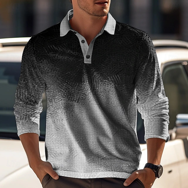 Men's Geometric Waffle Polo Shirts Golf Shirt Long Sleeve Polo Shirts Collared Shirts Casual Vacation Wear Formal Wear Festival Wear Buttons 3D Print Spring Fall & Winter Black Blue Orange 6