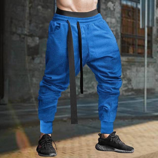 Men's Sweatpants Joggers Trousers Casual Pants Waffle Pants Drawstring Elastic Waist Plain Comfort Soft Full Length Sports Outdoor Daily Fashion Streetwear Black Blue 7