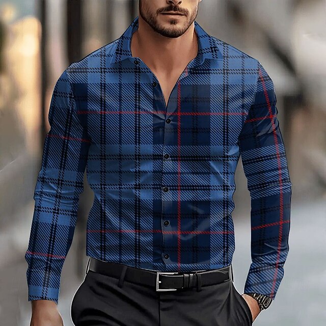 Men's Dress Shirt Button Up Shirt Plaid Business Daily Blue Long Sleeve Shirt Collar Fall Spring & Summer Clothing Apparel Button Up4
