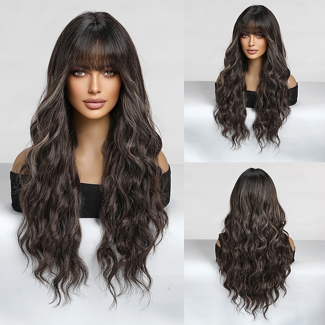  Perruque Synthétique Bouclé Ondulé Coupe Droite Avec Frange Perruque 26 pouces Brun foncé Cheveux Synthétiques Femme Cheveux Colorés Confortable Avec des franges Marron clair