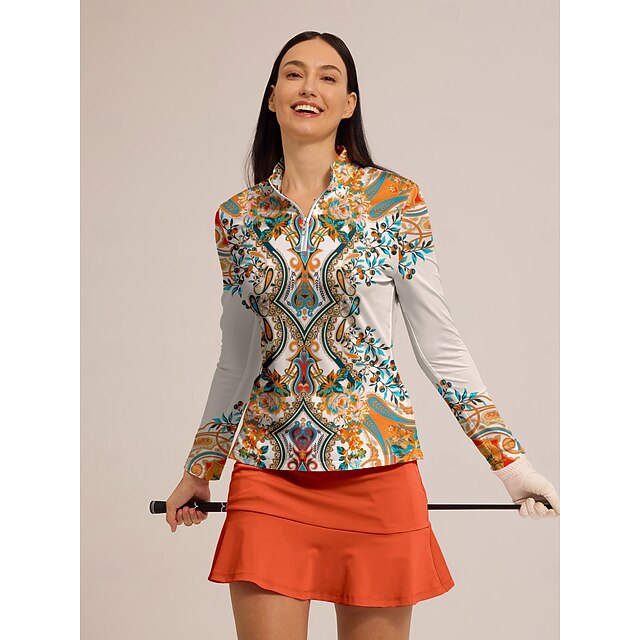 Orange Plaid Tartan Print Women's Golf Shirts