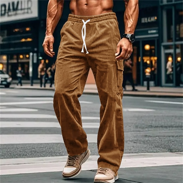  Men's Cargo Pants Corduroy Pants Trousers Baggy Pants Casual Pants Drawstring Elastic Waist Multi Pocket Plain Comfort Soft Full Length Outdoor Daily Going out Fashion Streetwear Navy Blue Brown