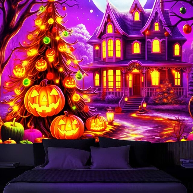 Halloween Decorations Blacklight Tapestry Pumpkins Halloween Trees UV Reactive Glow in the Dark Party Psychedelic Trippy Misty Hanging Tapestry Wall Art Mural for Living Room Bedroom Ghost Castle 10