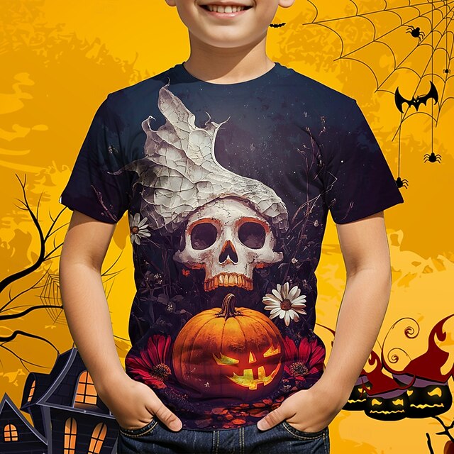 Halloween Boys 3D Graphic Skull Pumpkin T shirt Tee Short Sleeve Summer Spring Fashion Basic Polyester Kids 4-12 Years Crew Neck Outdoor Casual Daily Regular Fit2