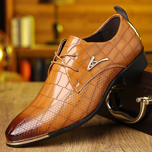 Men's Brown Crocodile Pattern Faux Leather Oxford Shoes - Elegant Lace-Up Dress Shoes for Formal and Business Wear 9