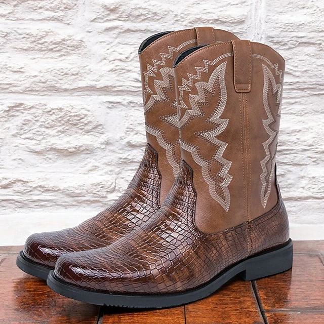 Men's Brown Western Cowboy Boots with Crocodile Texture and Embroidered Faux Leather Upper, Perfect for Ranch and Outdoor Wear 12