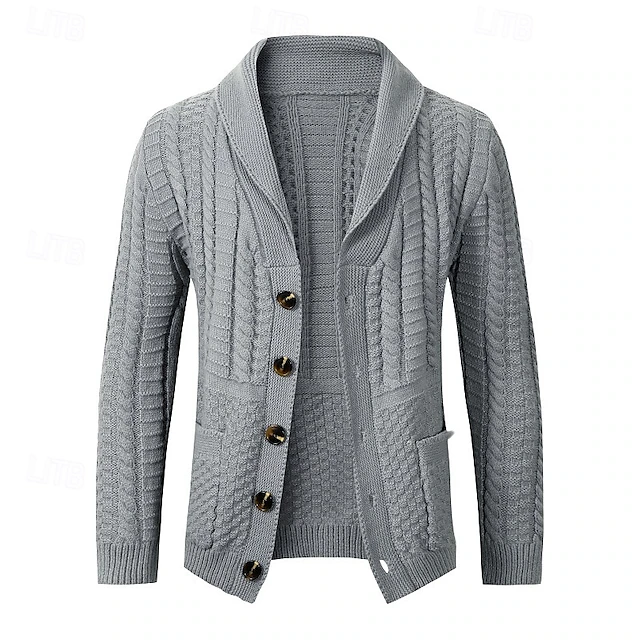 Men's Cardigan Sweater Cropped Sweater Knit Sweater Ribbed Knit Regular Button Up Pocket Plain Shawl Collar Fashion Classic Daily Wear Date Clothing Apparel Fall & Winter Black Light Grey M L XL 14