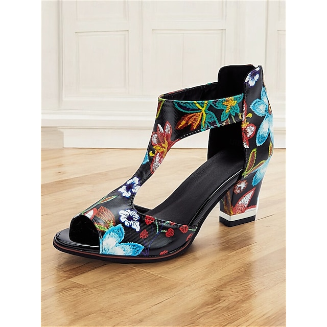  Women's Colorful Floral Print Block Heel Sandals with Cut-Out Design - Stylish Open-Toe Shoes for Summer Parties and Casual Wear