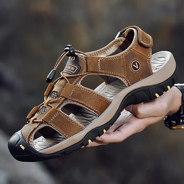 Men's Outdoor Beach Sandals, Genuine Leather with Velcro Closure, Breathable and Comfortable 14