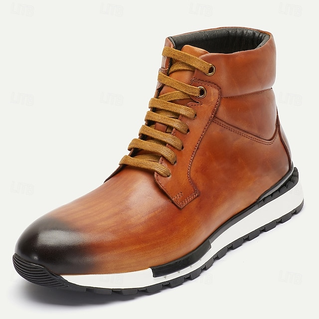  Men's Brown Leather Lace-Up Ankle Boots with Padded Collar for Casual and Outdoor Wear