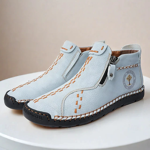 Men's Casual Light Blue Leather Loafers with Unique Hand-Stitched Details and Zip Closure, Ideal for Daily Wear 13