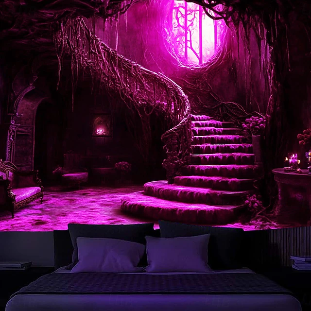 Halloween Decorations Blacklight Tapestry Glow Party Creepy Mansion Castle UV Reactive Glow in the Dark Psychedelic Trippy Misty Hanging Tapestry Wall Art Mural for Living Room Bedroom 12