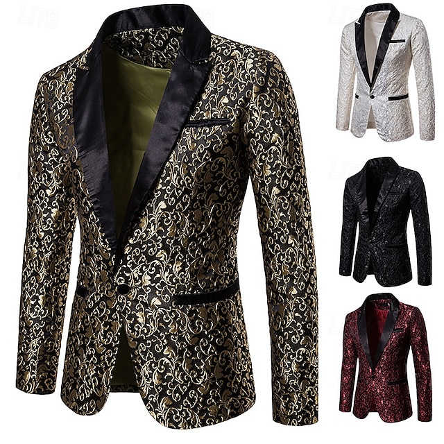  Herr Kavaj Företag Cocktailfest Bröllopsfest Mode Ledigt Vår & Höst 80% bomull Växter Knapp Ficka Bekväm Enkelknäppt Blazer Svart Vit Rubinrött Guld