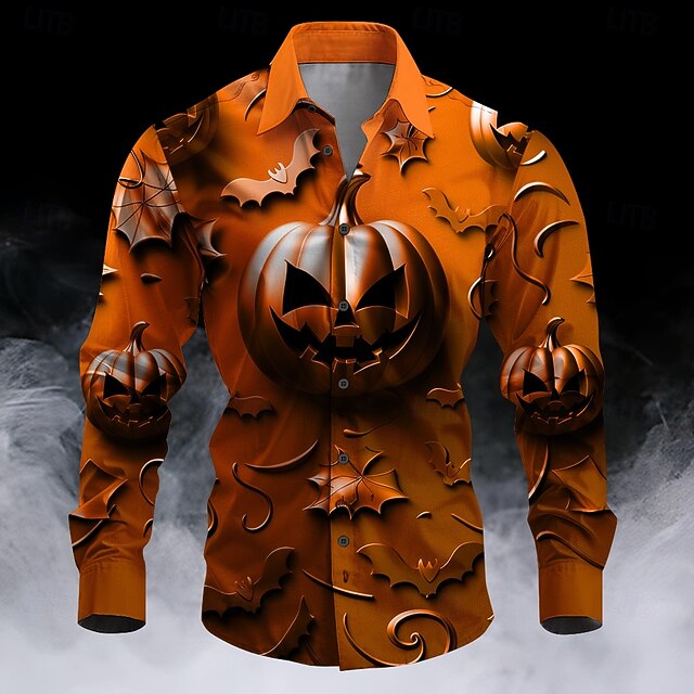 Halloween Men's Pumpkin Halloween Costumes Button Up Shirt Long Sleeve Horror Party Evening Wear Fall Winter Spring & Summer Shirt Collar 3D Print Orange4