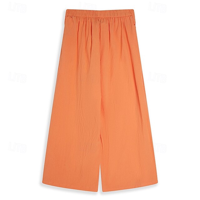 Linen Solid Blue Elastic Waist Straight Loose Trousers Summer Breathable Drawstring Men Clothing