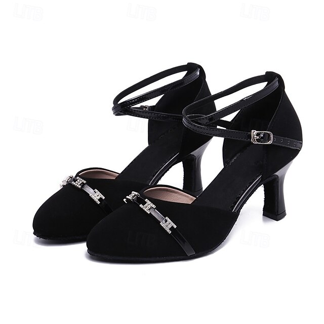 Women's Modern Dance Shoes Performance Prom Ballroom Dance Party Collections Heel Crystal / Rhinestone Cuban Heel Buckle Adults' Black 10